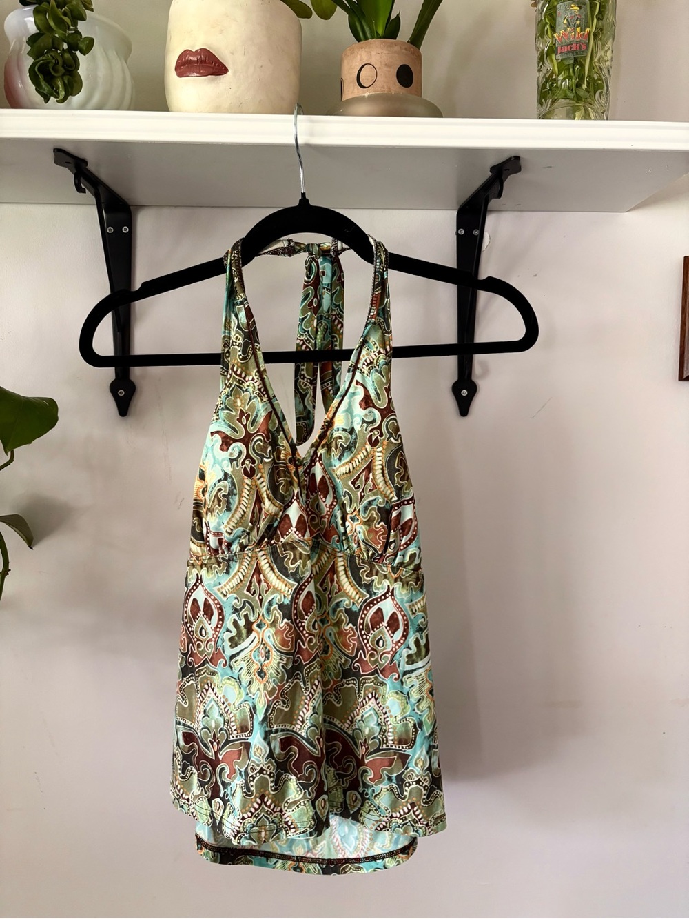 Sleeveless Paisley Halter Top in Teal and Brown
